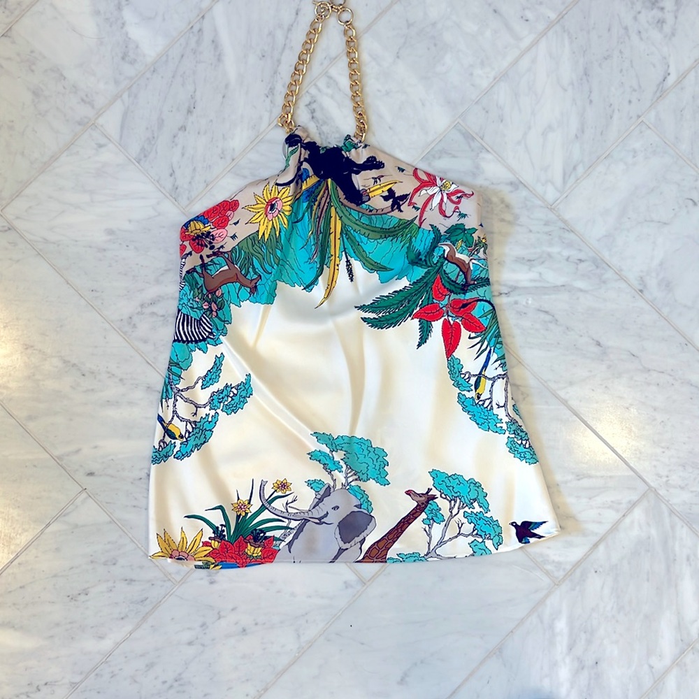 Tibi silk halter top with jungle print